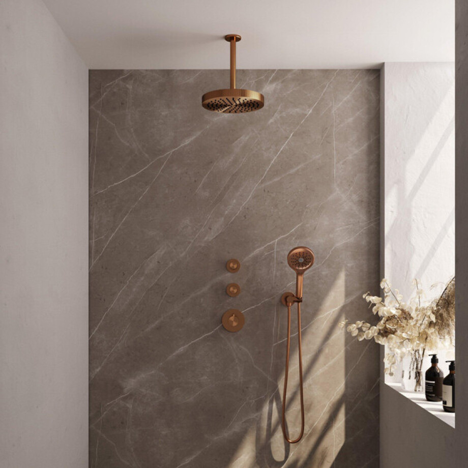 BRAUER Stripe Thermostatische Inbouw Regendouche - SET 06 - 25cm douchekop - plafondarm - 3-standen handdouche - doucheslang - wandaansluitbocht - koper geborsteld PVD 5-GK-375 BRAUER Stripe Thermostatische Inbouw Regendouche - SET 06 - 25cm douchekop - plafondarm - 3-standen handdouche - doucheslang - wandaansluitbocht - koper geborsteld PVD 5-GK-375 afbeelding 1