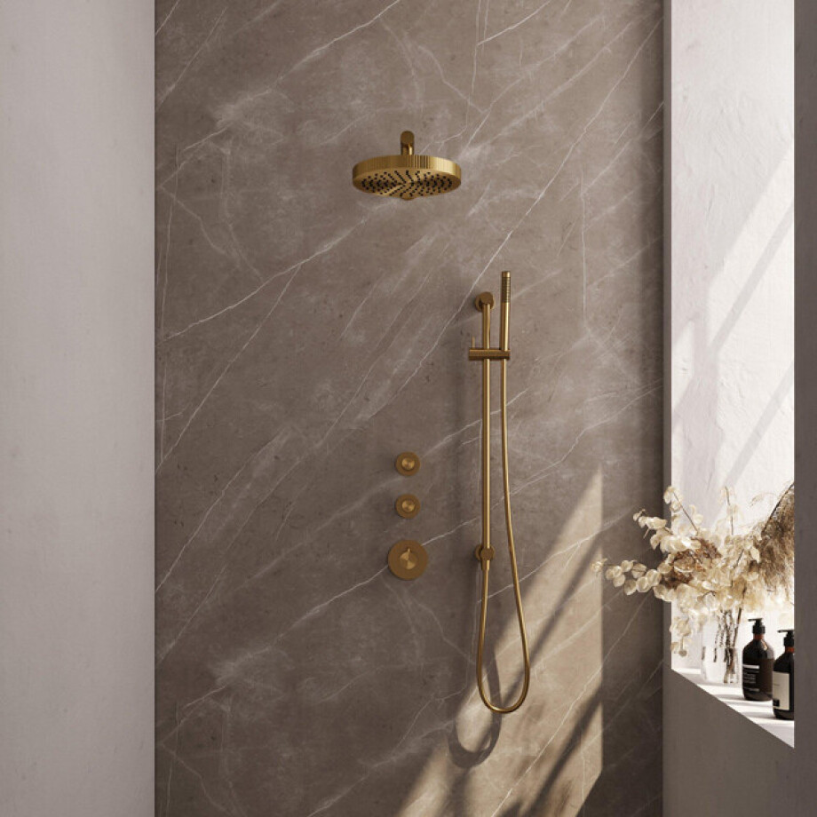 BRAUER Stripe Thermostatische Inbouw Regendouche - SET 07 - 25cm douchekop - rechte muurarm - staaf handdouche - doucheslang - geïntegreerde glijstang - goud geborsteld PVD 5-GG-377 afbeelding 1
