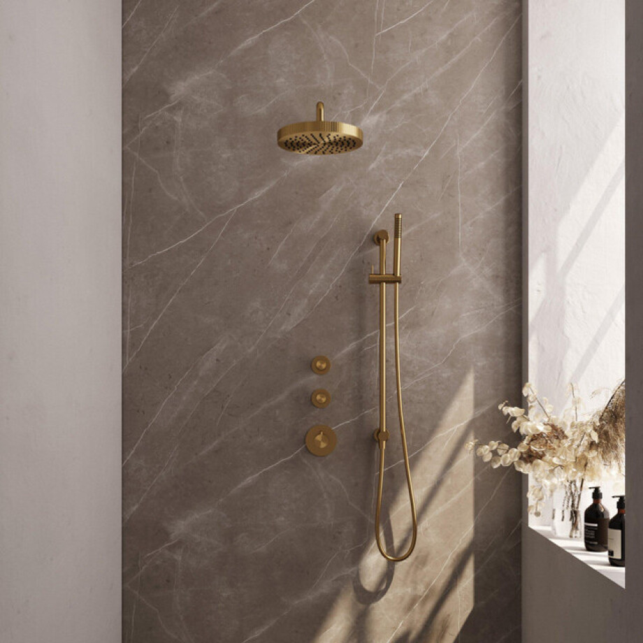 BRAUER Stripe Thermostatische Inbouw Regendouche - SET 08 - 25cm douchekop - gebogen muurarm - staaf handdouche - doucheslang - geïntegreerde glijstang - goud geborsteld PVD 5-GG-379 afbeelding 1