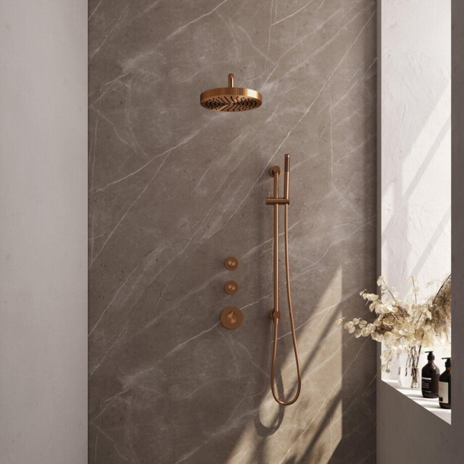 BRAUER Stripe Thermostatische Inbouw Regendouche - SET 08 - 25cm douchekop - gebogen muurarm - staaf handdouche - doucheslang - geïntegreerde glijstang - koper geborsteld PVD 5-GK-379 BRAUER Stripe Thermostatische Inbouw Regendouche - SET 08 - 25cm douchekop - gebogen muurarm - staaf handdouche - doucheslang - geïntegreerde glijstang - koper geborsteld PVD 5-GK-379 afbeelding 1
