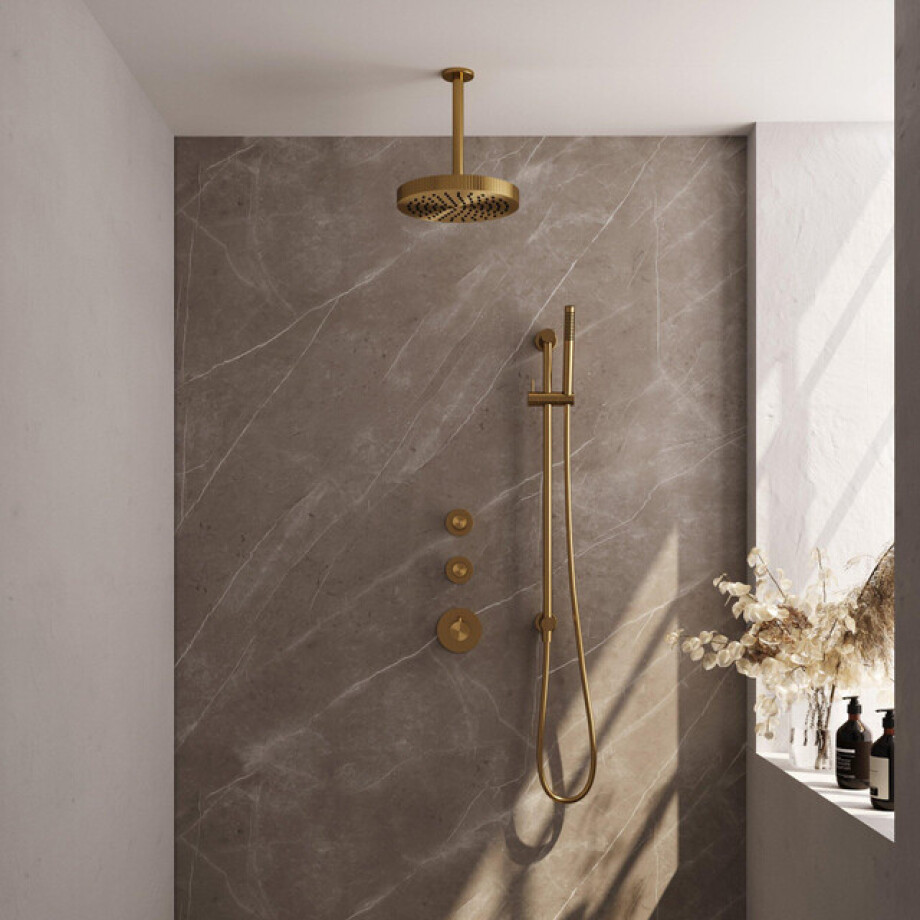 BRAUER Stripe Thermostatische Inbouw Regendouche - SET 09 - 25cm douchekop - plafondarm - staaf handdouche - doucheslang - geïntegreerde glijstang - goud geborsteld PVD 5-GG-381 BRAUER Stripe Thermostatische Inbouw Regendouche - SET 09 - 25cm douchekop - plafondarm - staaf handdouche - doucheslang - geïntegreerde glijstang - goud geborsteld PVD 5-GG-381 afbeelding 1