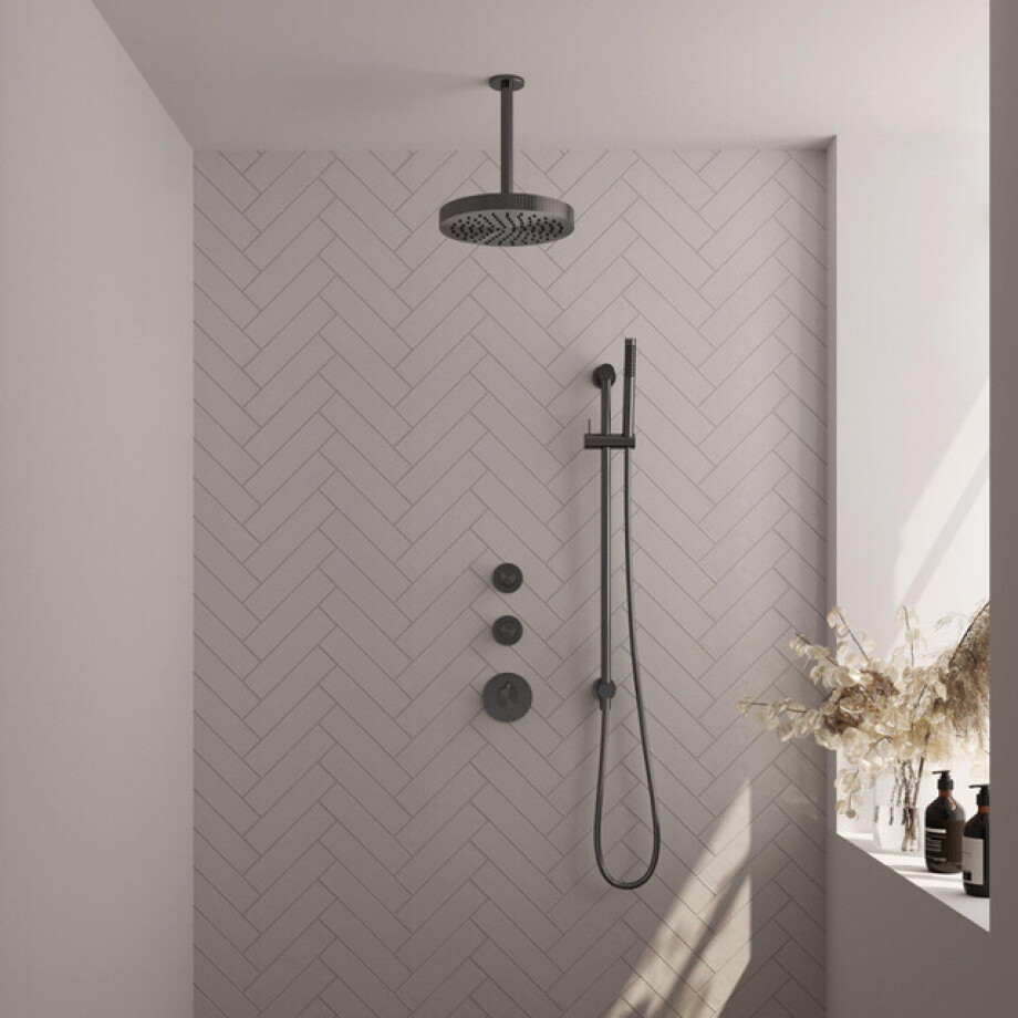 BRAUER Stripe Thermostatische Inbouw Regendouche - SET 09 - 25cm douchekop - plafondarm - staaf handdouche - doucheslang - geïntegreerde glijstang - gunmetal geborsteld PVD 5-GM-381 BRAUER Stripe Thermostatische Inbouw Regendouche - SET 09 - 25cm douchekop - plafondarm - staaf handdouche - doucheslang - geïntegreerde glijstang - gunmetal geborsteld PVD 5-GM-381 afbeelding 1