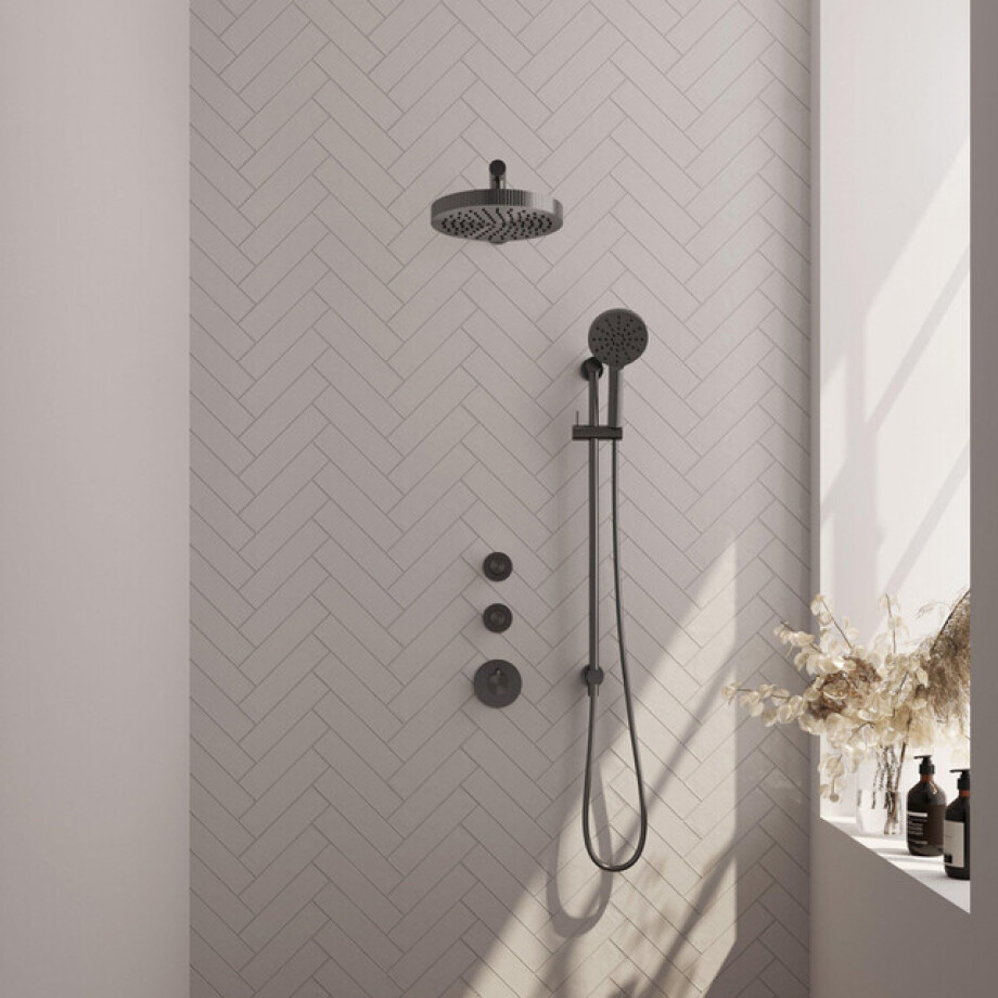 BRAUER Stripe Thermostatische Inbouw Regendouche - SET 10 - 25cm douchekop - rechte muurarm - 3-standen handdouche - doucheslang - geïntegreerde glijstang - gunmetal geborsteld PVD 5-GM-383 afbeelding 1