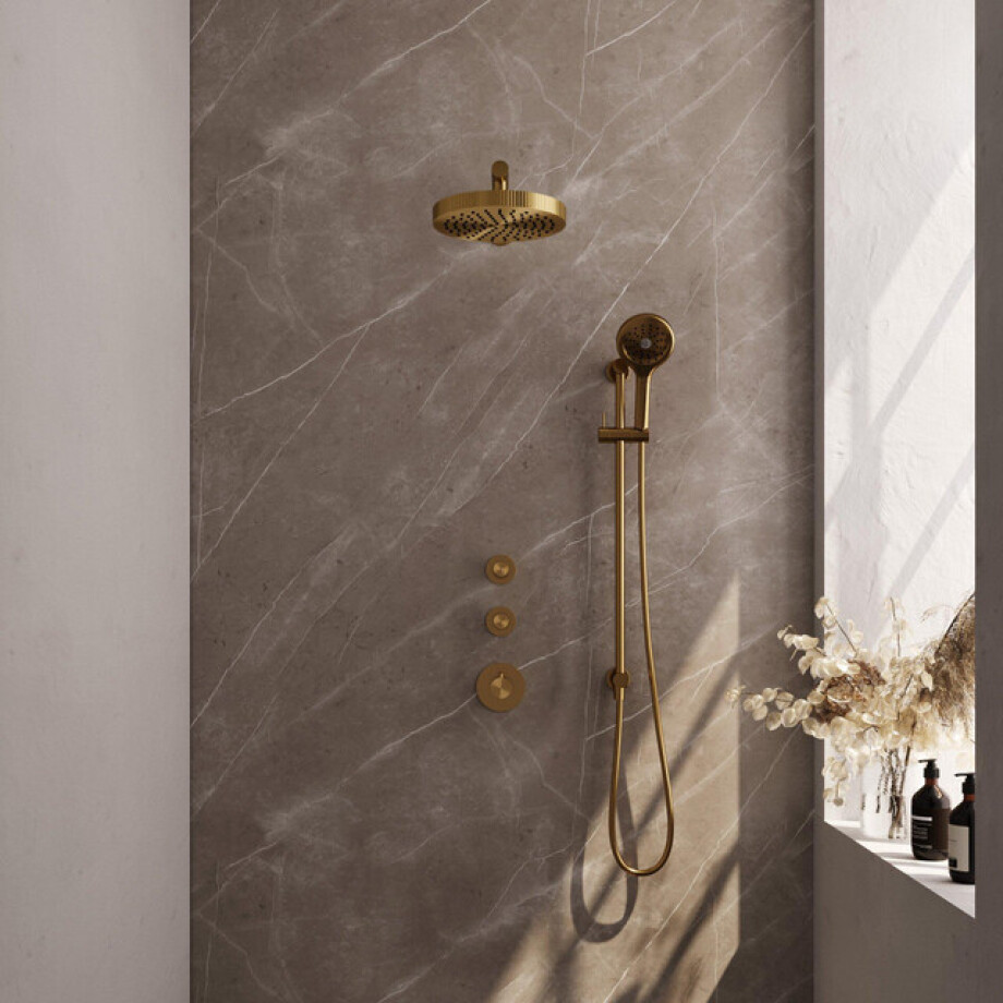 BRAUER Stripe Thermostatische Inbouw Regendouche - SET 10 - 25cm douchekop - rechte muurarm - 3-standen handdouche - doucheslang - geïntegreerde glijstang - goud geborsteld PVD 5-GG-383 afbeelding 1