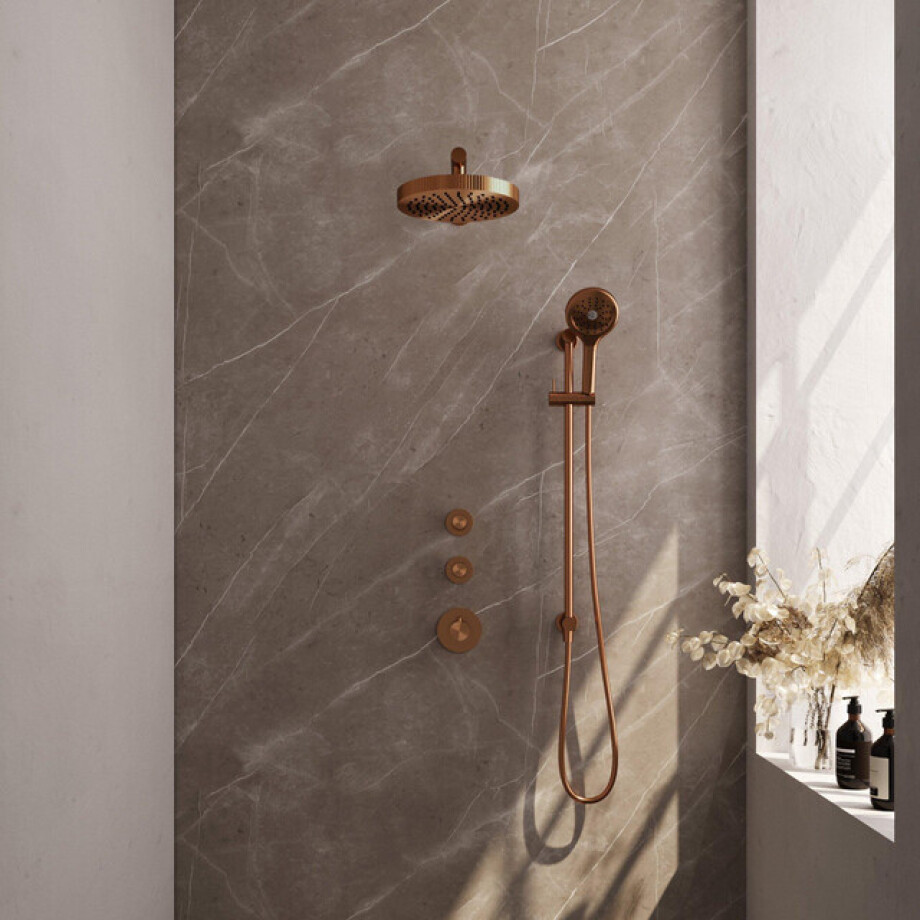 BRAUER Stripe Thermostatische Inbouw Regendouche - SET 10 - 25cm douchekop - rechte muurarm - 3-standen handdouche - doucheslang - geïntegreerde glijstang - koper geborsteld PVD 5-GK-383 BRAUER Stripe Thermostatische Inbouw Regendouche - SET 10 - 25cm douchekop - rechte muurarm - 3-standen handdouche - doucheslang - geïntegreerde glijstang - koper geborsteld PVD 5-GK-383 afbeelding 1