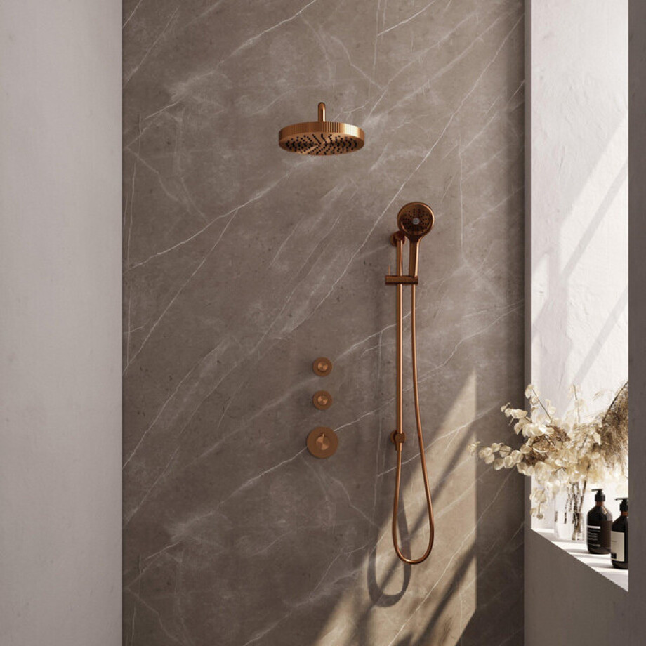 BRAUER Stripe Thermostatische Inbouw Regendouche - SET 11 - 25cm douchekop - gebogen muurarm - 3-standen handdouche - doucheslang - geïntegreerde glijstang - koper geborsteld PVD 5-GK-385 BRAUER Stripe Thermostatische Inbouw Regendouche - SET 11 - 25cm douchekop - gebogen muurarm - 3-standen handdouche - doucheslang - geïntegreerde glijstang - koper geborsteld PVD 5-GK-385 afbeelding 1