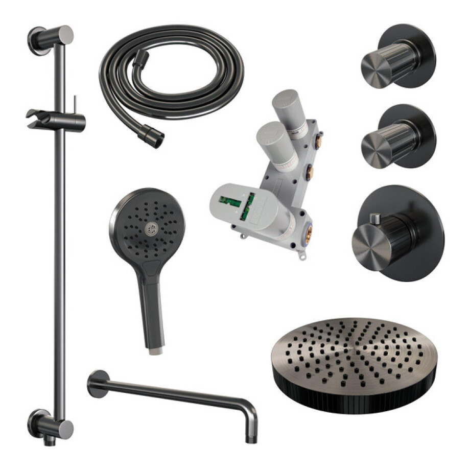 BRAUER Stripe Thermostatische Inbouw Regendouche - SET 11 - 25cm douchekop - gebogen muurarm - 3-standen handdouche - doucheslang - geïntegreerde glijstang - gunmetal geborsteld PVD 5-GM-385 afbeelding 1