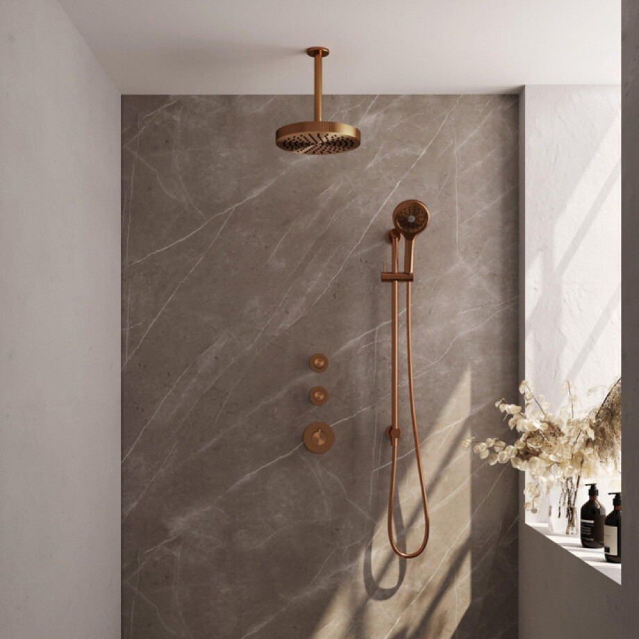 BRAUER Stripe Thermostatische Inbouw Regendouche - SET 12 - 25cm douchekop - plafondarm - 3-standen handdouche - doucheslang - geïntegreerde glijstang - koper geborsteld PVD 5-GK-387 afbeelding 1