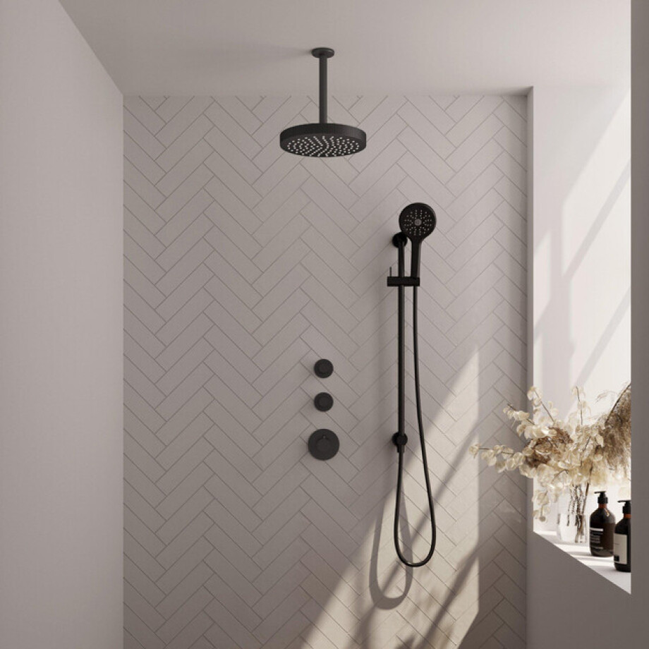 BRAUER Stripe Thermostatische Inbouw Regendouche - SET 12 - 25cm douchekop - plafondarm - 3-standen handdouche - doucheslang - geïntegreerde glijstang - mat zwart 5-S-387 afbeelding 1
