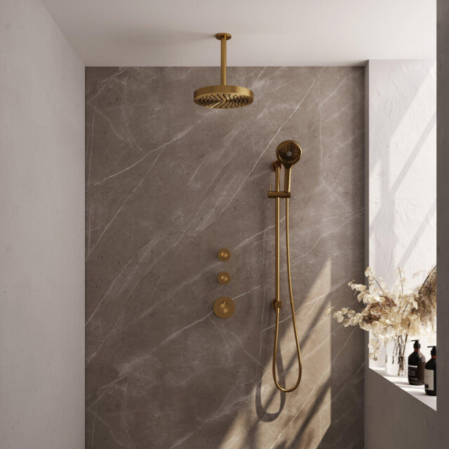 BRAUER Stripe Thermostatische Inbouw Regendouche - SET 12 - 25cm douchekop - plafondarm - 3-standen handdouche - doucheslang - geïntegreerde glijstang - goud geborsteld PVD 5-GG-387 BRAUER Stripe Thermostatische Inbouw Regendouche - SET 12 - 25cm douchekop - plafondarm - 3-standen handdouche - doucheslang - geïntegreerde glijstang - goud geborsteld PVD 5-GG-387 afbeelding 1