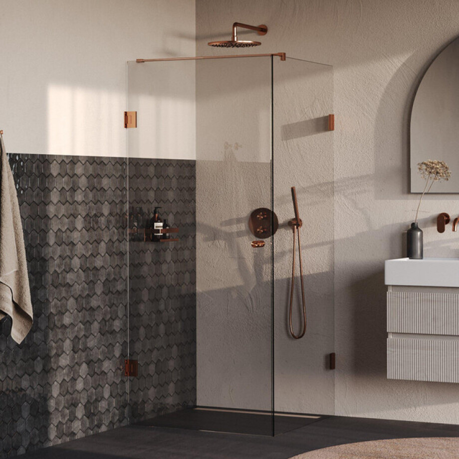 BRAUER Void Carving Douchecabine - 90x90x200cm - draaideur - glascoating - omkeerbaar - helder glas - geborsteld koper PVD GS-VOCC1H9090200GK afbeelding 1