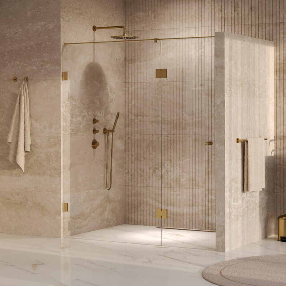 BRAUER Void Carving Nisdeur - 2-delig - 180x200cm - 70cm draaideur aan glas - glascoating - omkeerbaar - helder glas - geborsteld goud PVD GS-VOCN3H70110200GG BRAUER Void Carving Nisdeur - 2-delig - 180x200cm - 70cm draaideur aan glas - glascoating - omkeerbaar - helder glas - geborsteld goud PVD GS-VOCN3H70110200GG afbeelding 1