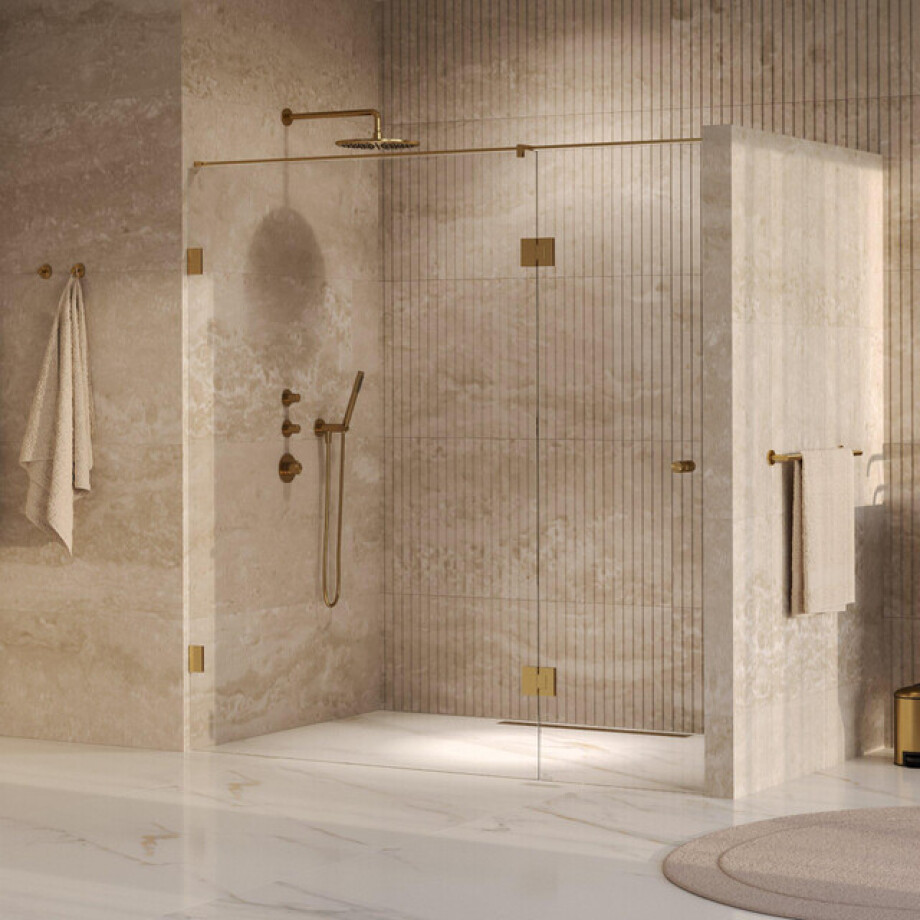 BRAUER Void Carving Nisdeur - 2-delig - 190x200cm - 70cm draaideur aan glas - glascoating - omkeerbaar - helder glas - geborsteld goud PVD GS-VOCN3H70120200GG afbeelding 1