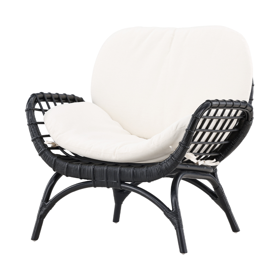 Brenda rotan tuin loungestoel zwart - met witte zitkussens Brenda rotan tuin loungestoel zwart - met witte zitkussens afbeelding 1