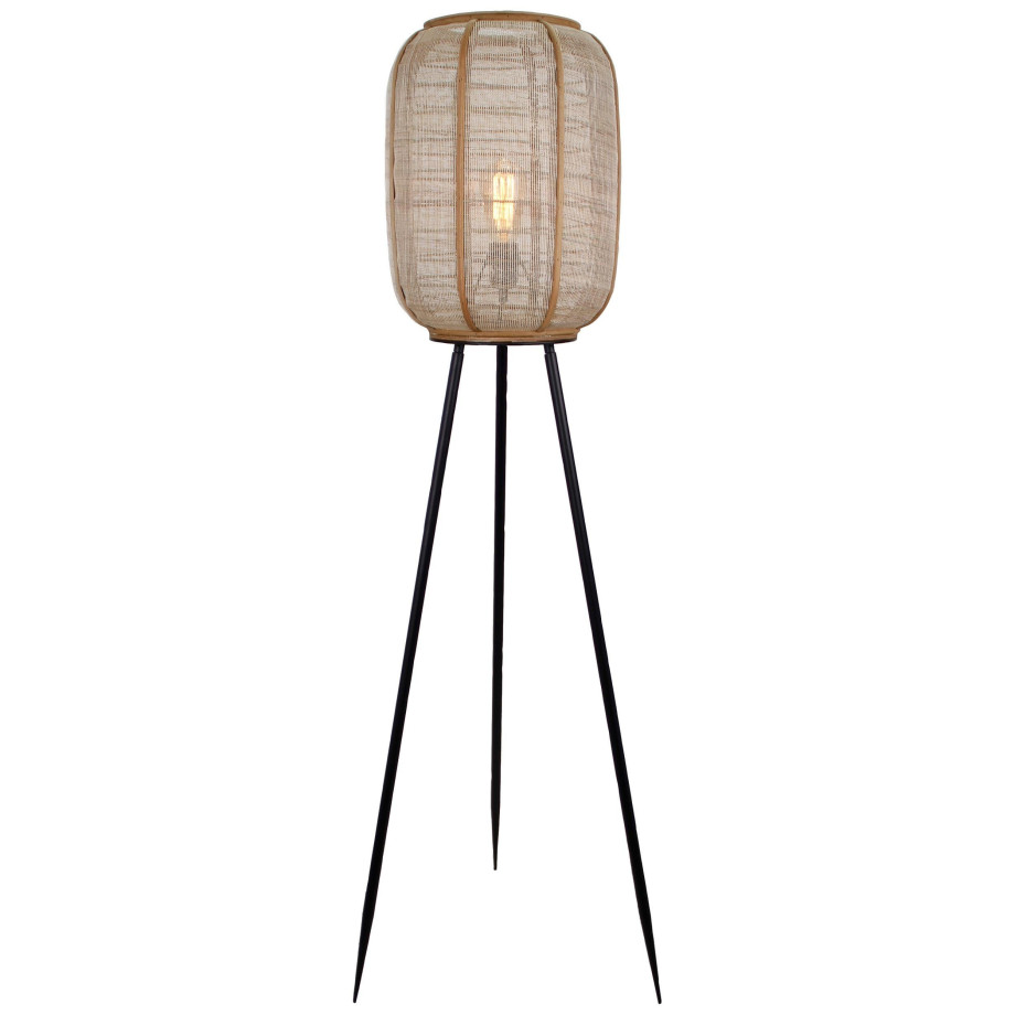 Brilliant Leuchten Staande lamp Tanah driepotige vloerlamp met een hoogte van 1,34m, kap van textiel en hout (1 stuk) afbeelding 1