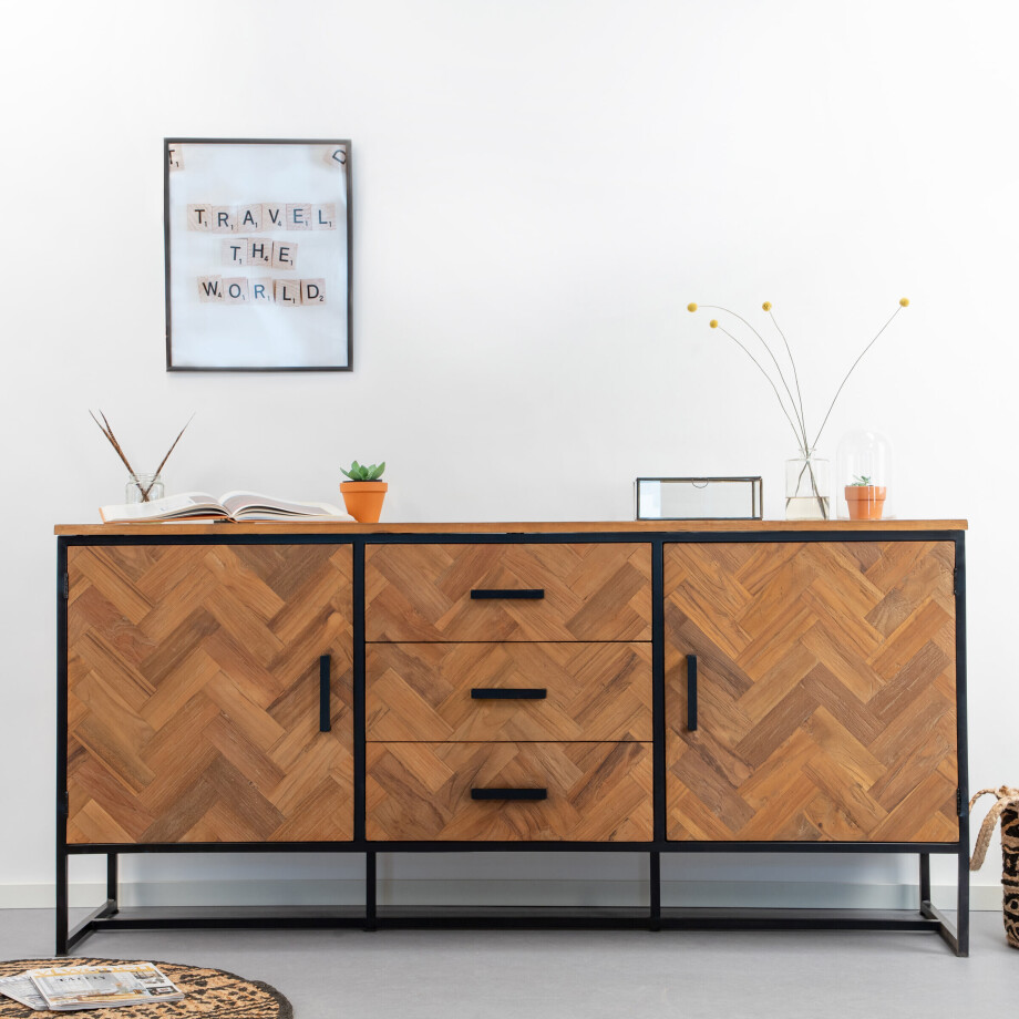 Livingfurn Dressoir 'Accent' Visgraat Teak en staal, 180cm Livingfurn Dressoir 'Accent' Visgraat Teak en staal, 180cm afbeelding