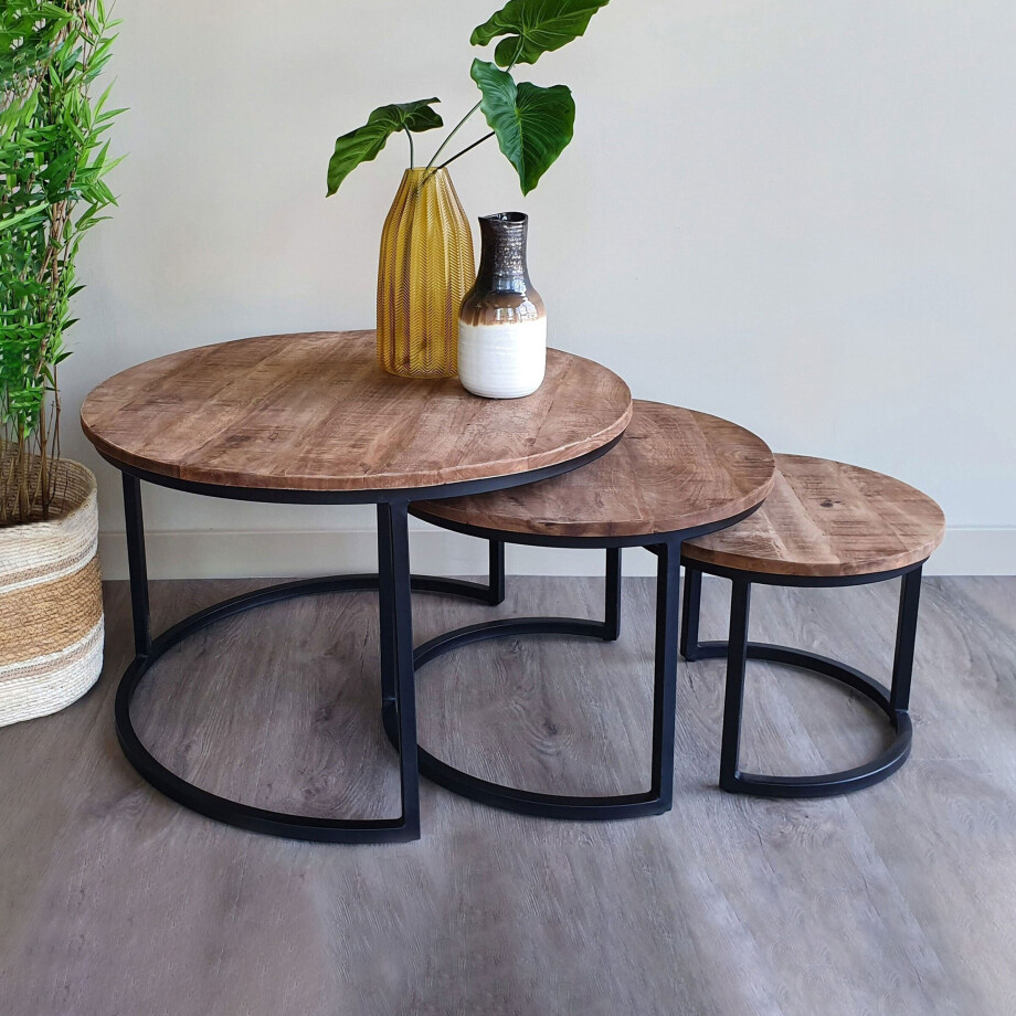 Brix Salontafel 'Jerrel' Set van 3 stuks, Mangohout en staal, kleur Metaal Brix Salontafel 'Jerrel' Set van 3 stuks, Mangohout en staal, kleur Metaal afbeelding 1