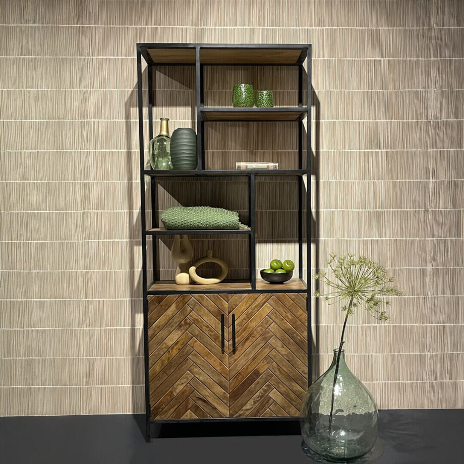 Livingfurn Wandkast 'Brooklyn' Mangohout en staal, 210 x 90cm Livingfurn Wandkast 'Brooklyn' Mangohout en staal, 210 x 90cm afbeelding