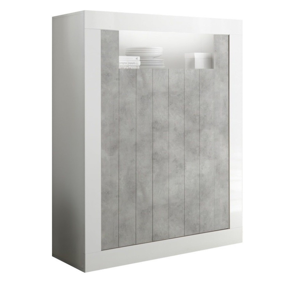 Buffetkast Urbino 144 cm hoog in hoogglans wit met grijs beton afbeelding 1