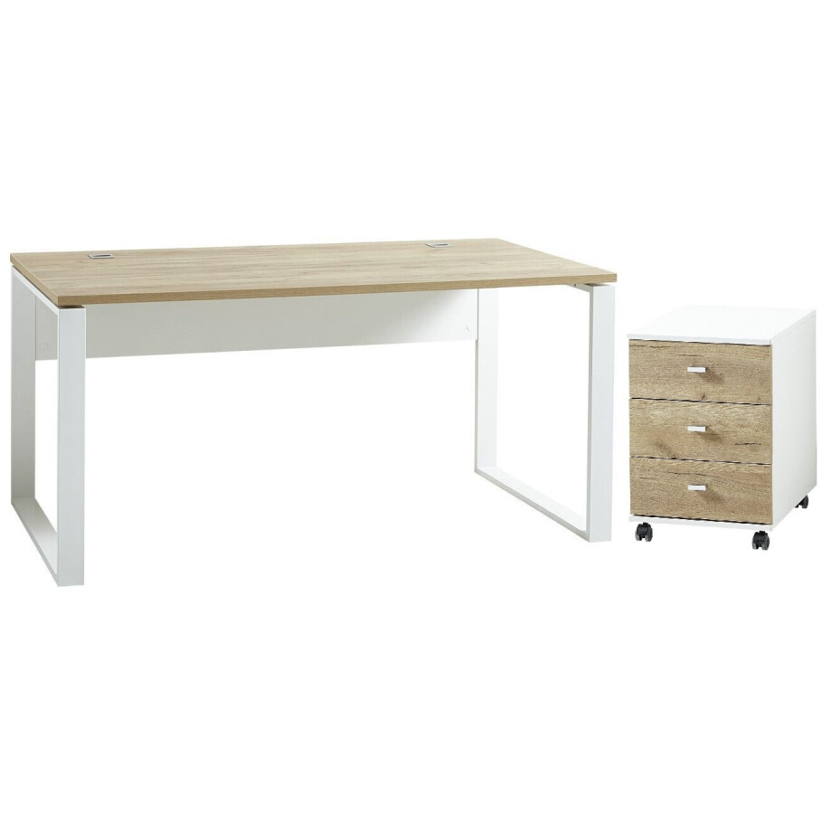 Bureau set Lioni 160 cm breed - wit met navarra eiken Bureau set Lioni 160 cm breed - wit met navarra eiken afbeelding 1