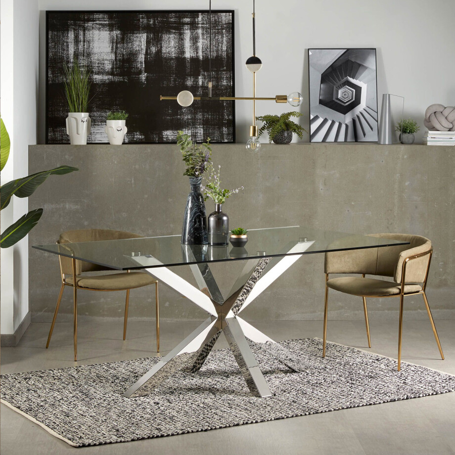 Kave Home Eettafel 'Argo' Chroom/Glas, 180 x 100cm Kave Home Eettafel 'Argo' Chroom/Glas, 180 x 100cm afbeelding