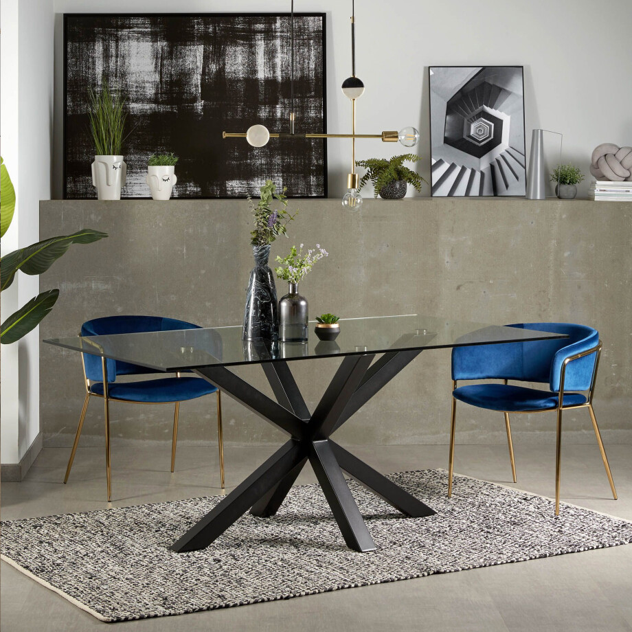 Kave Home Glazen eettafel 'Argo' met zwart onderstel, 200 x 100cm afbeelding 