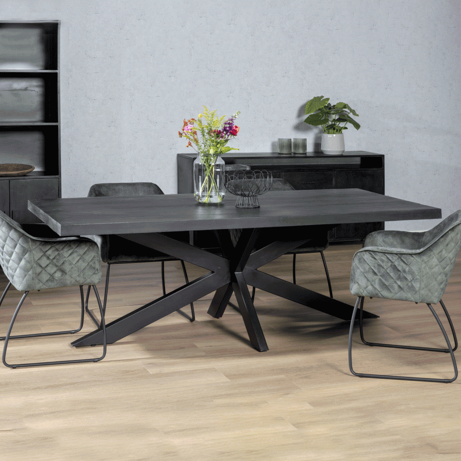 LivingFurn Eettafel 'Kala Spider' Mangohout en staal, 240 x 100cm, kleur zwart afbeelding 1