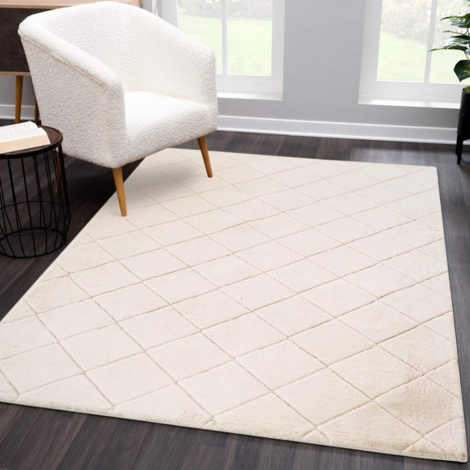 Carpet City Hoogpolig vloerkleed Moment bijzonder zacht, konijnenbontgevoel, 3d-effect, ruiten, woonkamer afbeelding 1