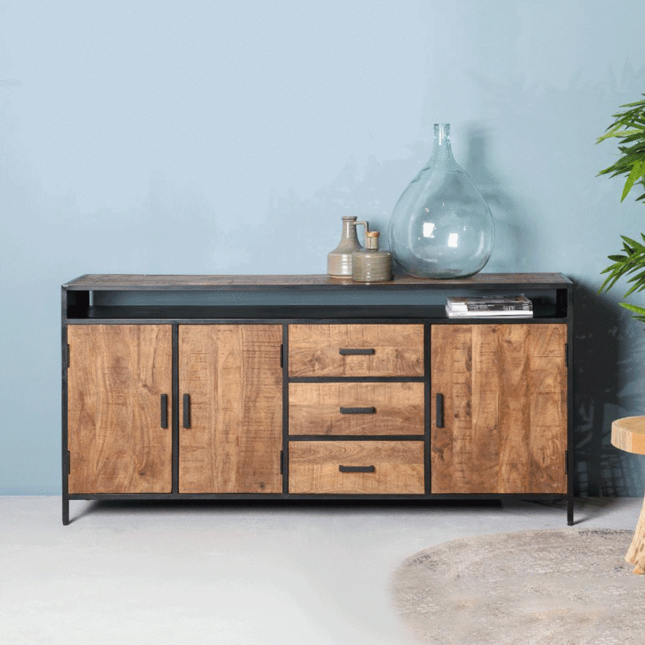 LivingFurn Dressoir 'Sturdy' kleur Naturel / Zwart, 180 cm LivingFurn Dressoir 'Sturdy' kleur Naturel / Zwart, 180 cm afbeelding