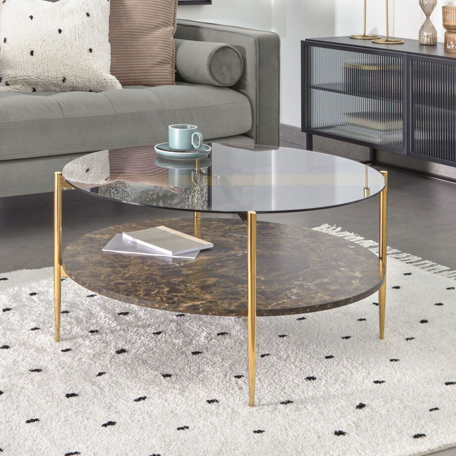Kave Home Salontafel 'Kamilah' Glas, marmerlook en gouden frame, Ø84cm afbeelding 1