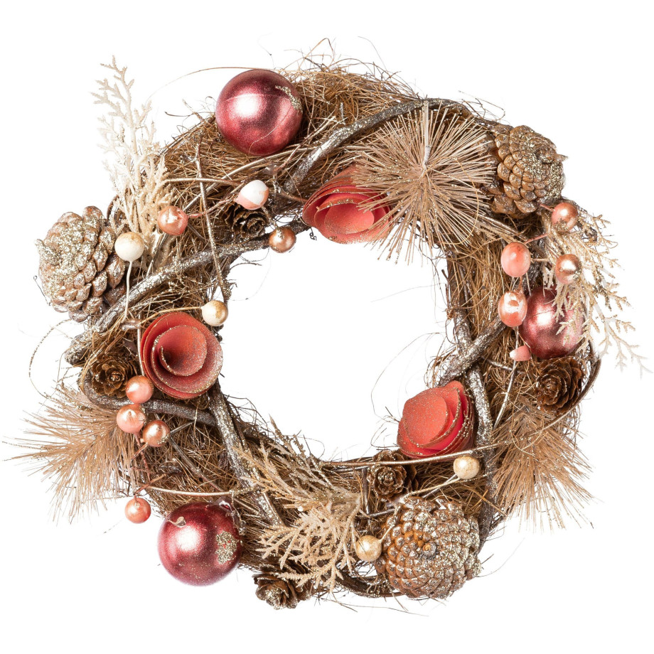 Creativ deco Sierkrans Kerst versiering met ballen, bessen, kegels en bloemen (1 stuk) afbeelding 1