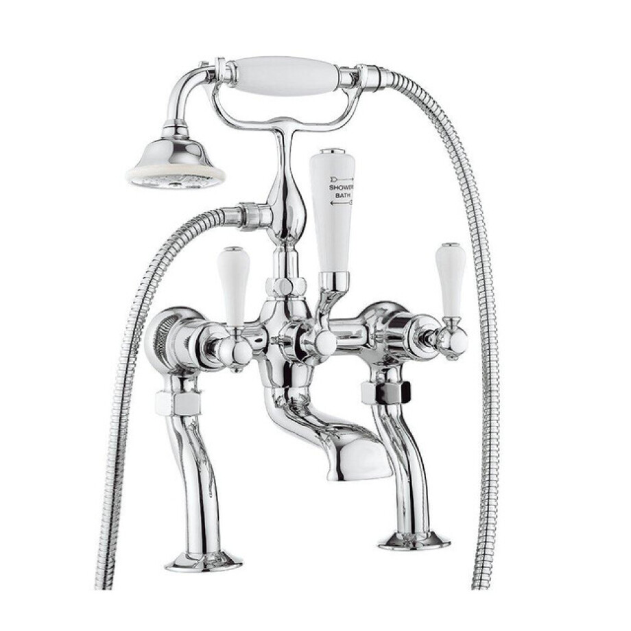 Crosswater Belgravia staande badkraan 2 gats met handdoucheset witte grepen chroom BL422DC_LV Crosswater Belgravia staande badkraan 2 gats met handdoucheset witte grepen chroom BL422DC_LV afbeelding 1