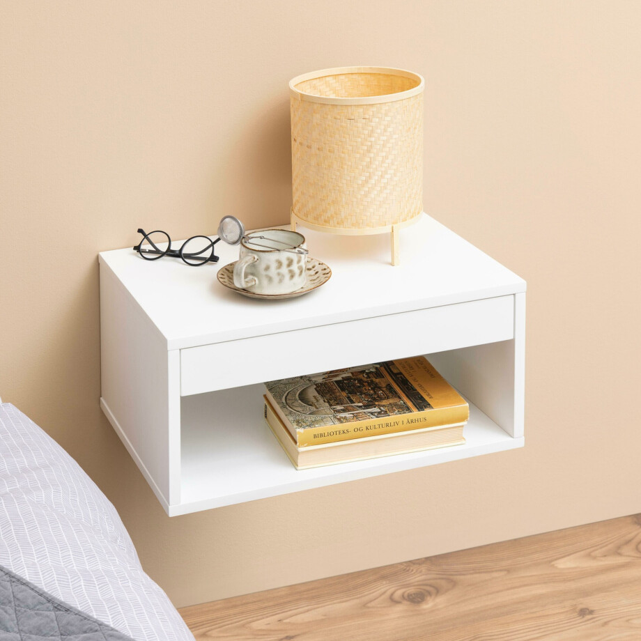 Bendt Zwevend Nachtkastje 'Daeg' Met 1 lade en open vak, kleur Wit Bendt Zwevend Nachtkastje 'Daeg' Met 1 lade en open vak, kleur Wit afbeelding 1