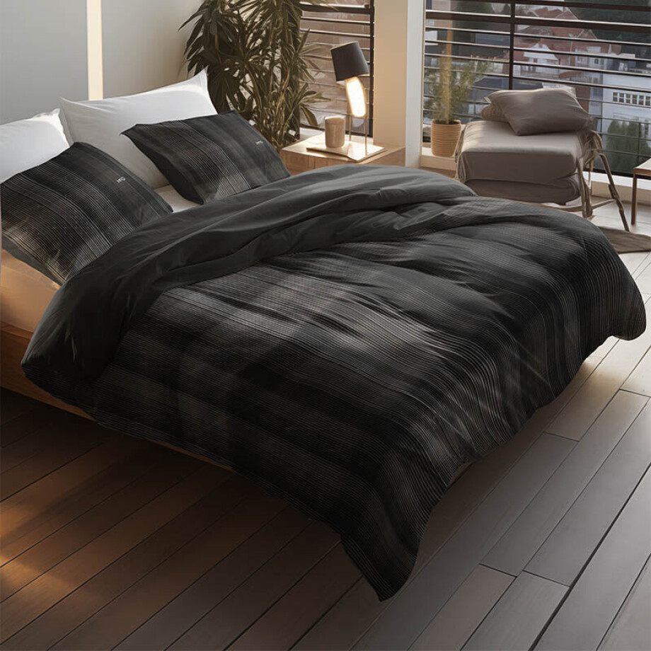 Dekbedovertrek Katoen-Satijn - Subtle Haze - Lits-Jumeaux (240x220 Cm) - Antraciet & Meerkleurig Katoen-satijn Katoen - Strepen & Hotel Luxe - - Dekbed-Discounter.nl afbeelding 1