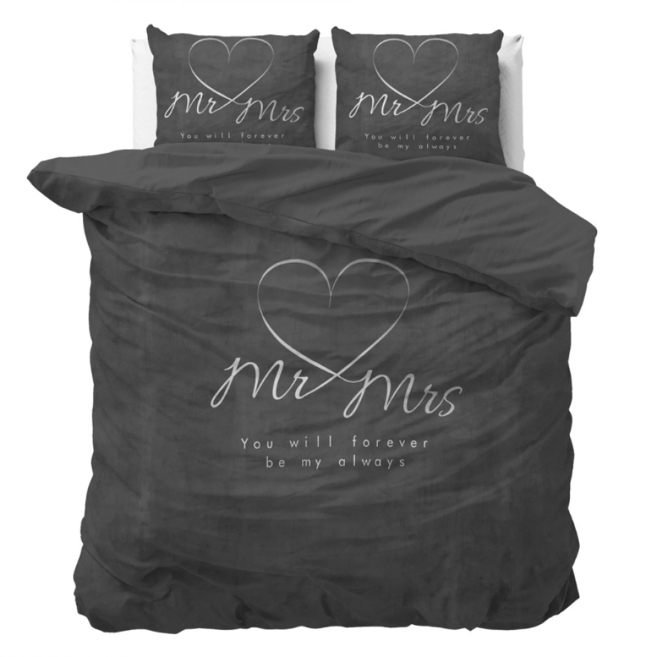 Dekbedovertrek Mr And Mrs Heart - Eenpersoons (140x200 Cm) - Zwart Microvezel - Tekst - Sleeptime Essentials - Dekbed-Discounter.nl afbeelding 1