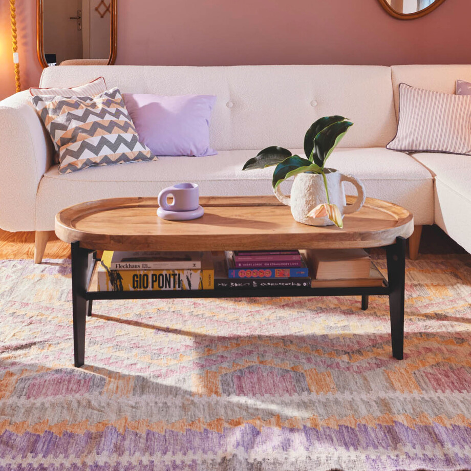 Tom Tailor Ovale Salontafel 'Deke' Mangohout en metaal, 120 x 50cm Tom Tailor Ovale Salontafel 'Deke' Mangohout en metaal, 120 x 50cm afbeelding