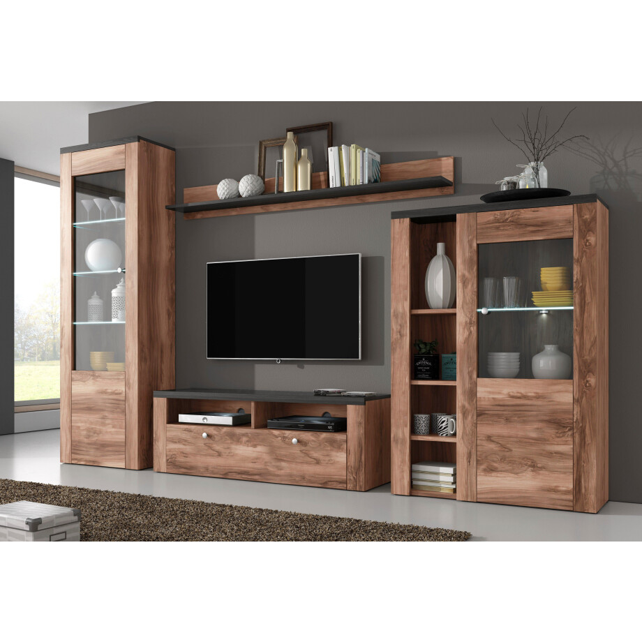 Home affaire Wandmeubel Larona, aanbouwwand, set van 4 delen bestaande uit 1 tv-board, 1 highboard, 1 vitrine, 1 wandplank (set, 4 stuks) afbeelding 1