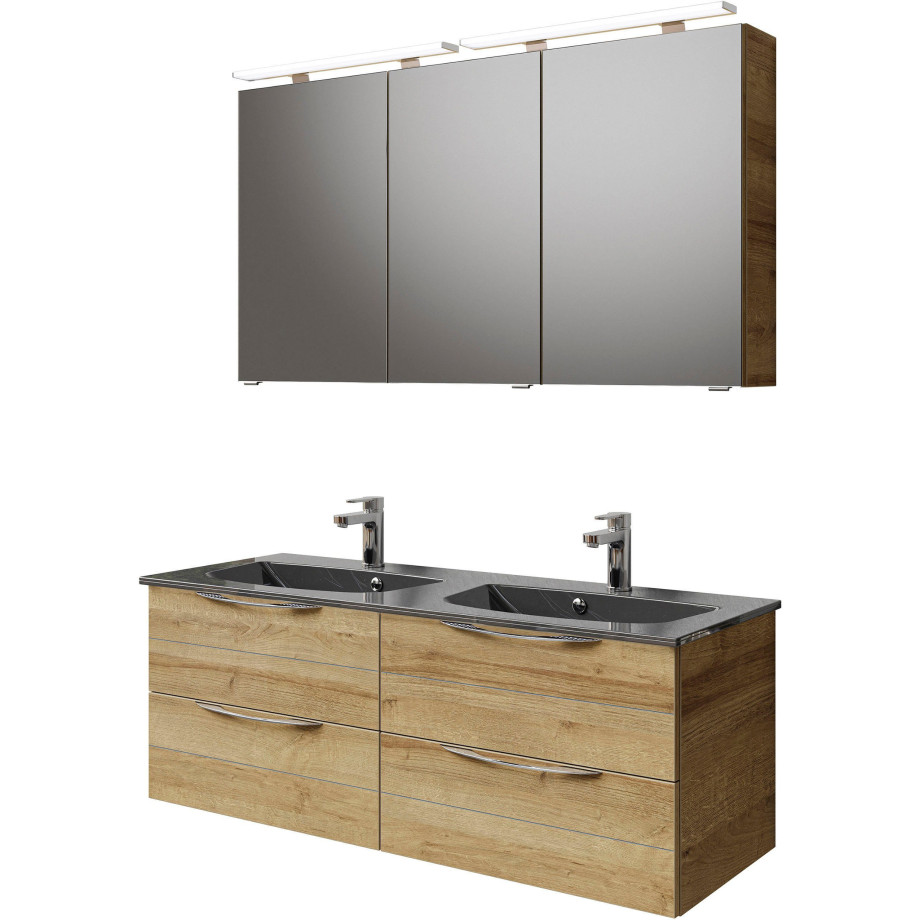Saphir Badkamerserie Serie 6025 2-delig, mineraalmarmeren wastafel met led-spiegelkast Wastafelmeubel 132 cm breed, 4 laden, 2 spiegeldeuren, incl. deurdemper (2-delig) afbeelding 1