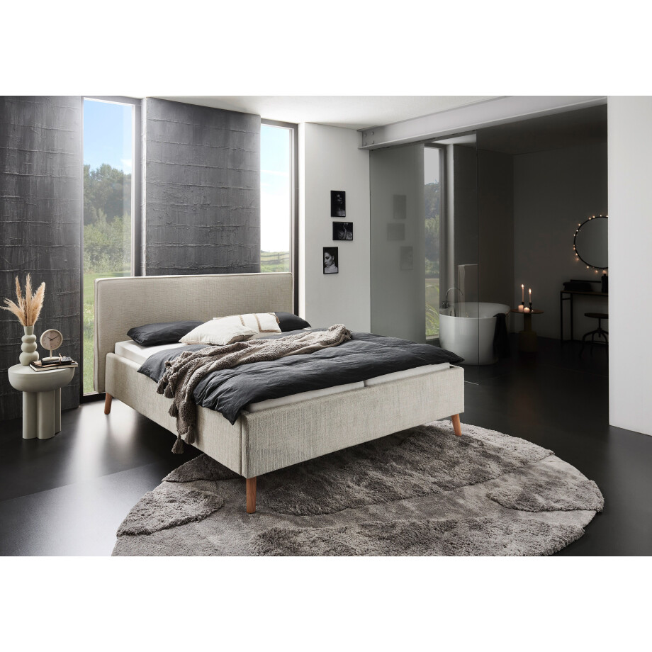 meise.möbel Gestoffeerd bed Riva met eikenkleurige houten poten, naar keuze met bedkist en lattenbodem afbeelding 1