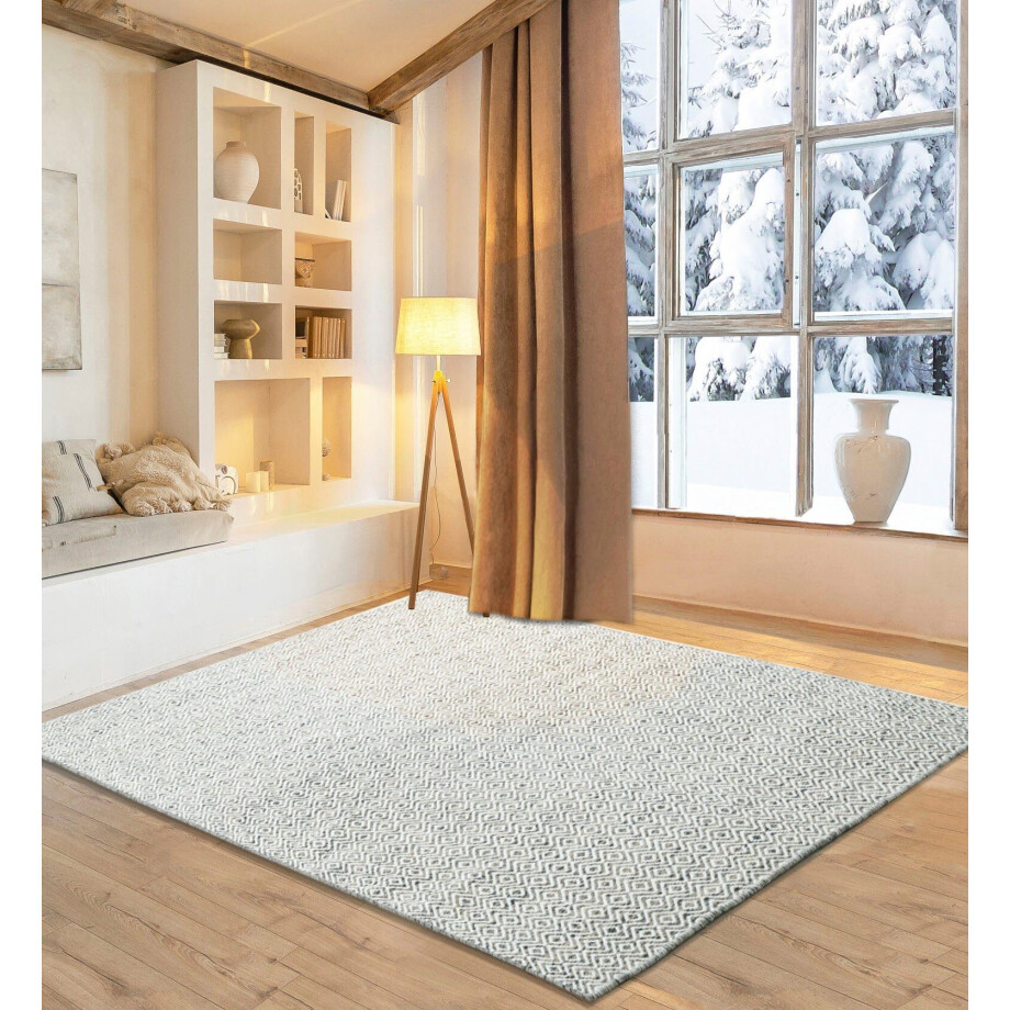 my home Wollen kleed Daoulas Handgeweven tapijt, 100% wol, modern ruitpatroon, scandi design afbeelding 1