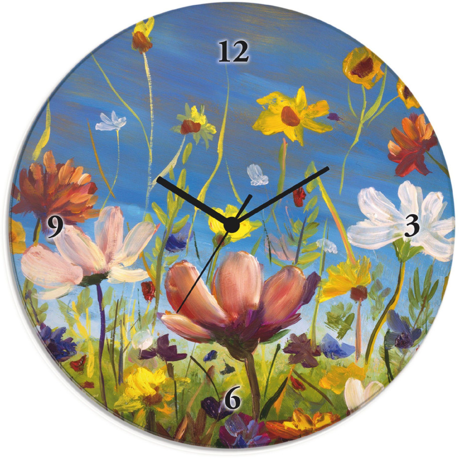 Artland Wandklok Glazen klok rond weide met wilde bloemen optioneel verkrijgbaar met kwarts- of radiografisch uurwerk, geruisloos zonder tikkend geluid afbeelding 1