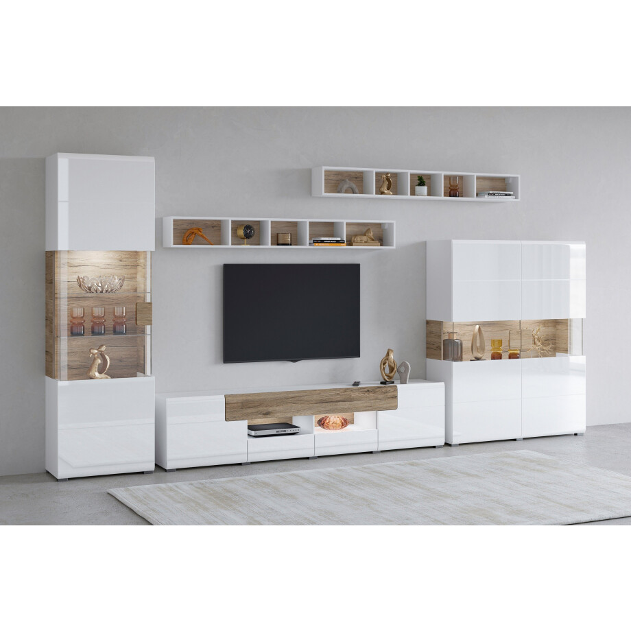 INOSIGN Wandmeubel Toledo, breedte 391cm stijlvolle mediawand zonder verlichting Opbouwwand (vitrine, lowboard, highboard, 2x hangplank) MDF hoogglans fronten (set, 5 stuks) afbeelding 1