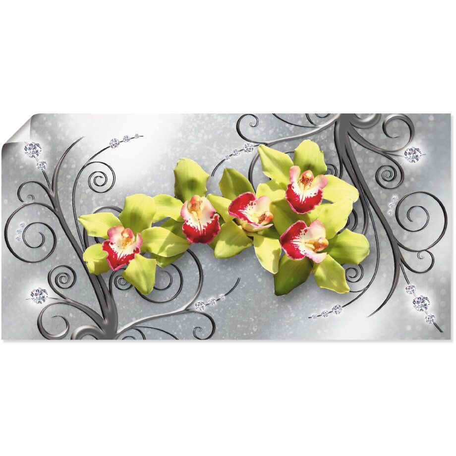 Artland Artprint Groene orchideeën op ornamenten als artprint van aluminium, artprint voor buiten, artprint op linnen, poster, muursticker afbeelding 1