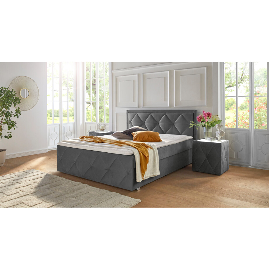 Leonique Boxspring Alfie, bestseller! Inclusief bedlade & topper Optioneel met knoopstiksels of strassstenen, H2, H3 en H4 verkrijgbaar afbeelding 1