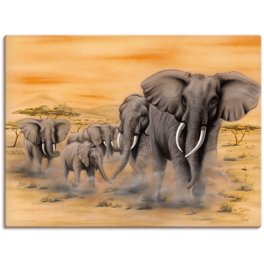 Artland Artprint Olifanten op de steppe als artprint van aluminium, artprint voor buiten, artprint op linnen, poster, muursticker afbeelding 1