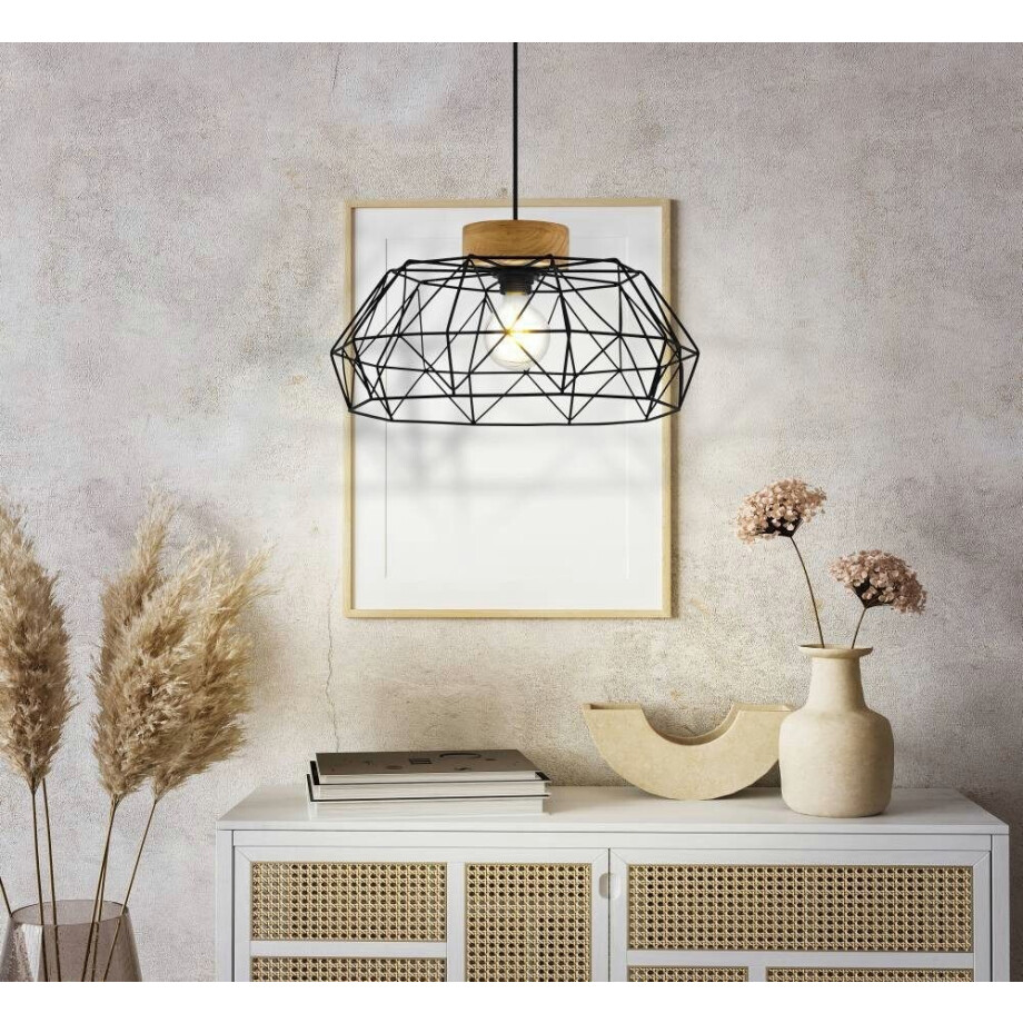 EGLO Hanglamp PADSTOW Hanglamp, staal en hout in zwart, FSC gecertificeerd, E27 fitting (1 stuk) afbeelding 1