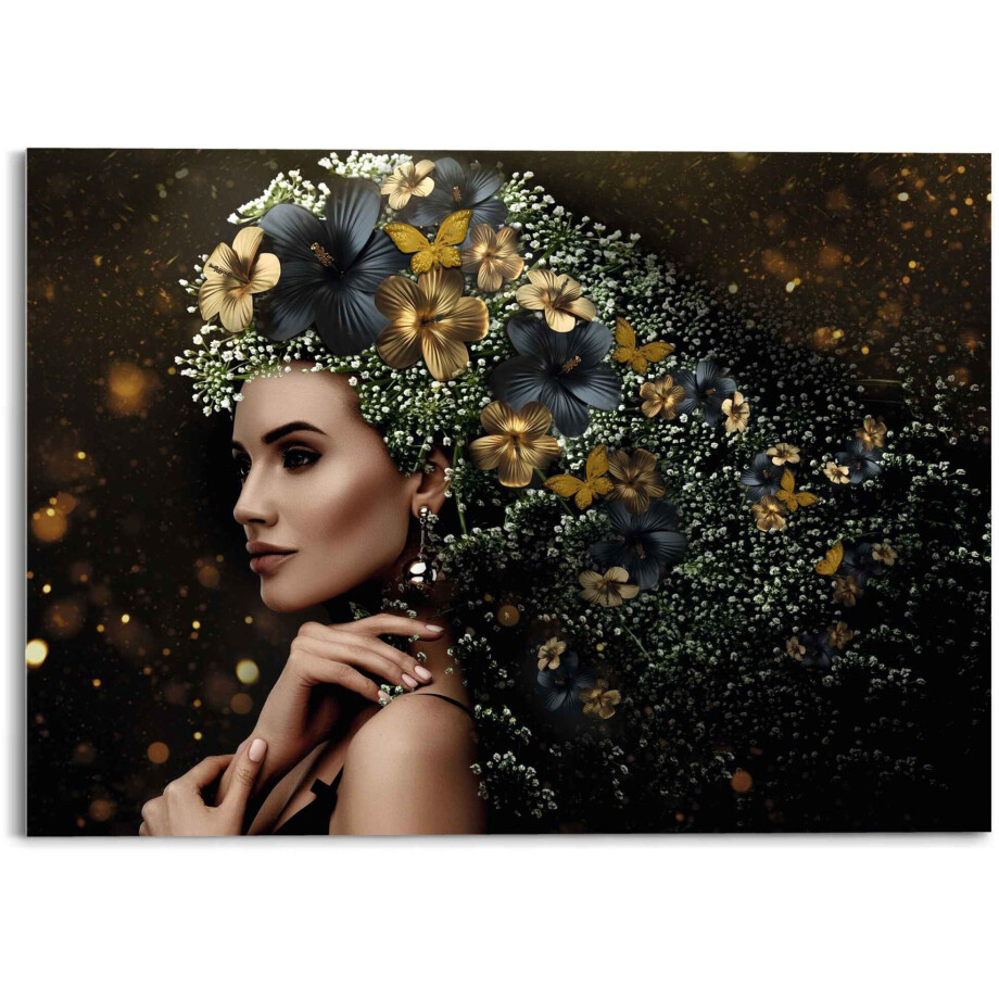 Reinders! Print op glas Artprint op glas elegante vrouw bloemen - feestelijk - vlinder - elegantie afbeelding 