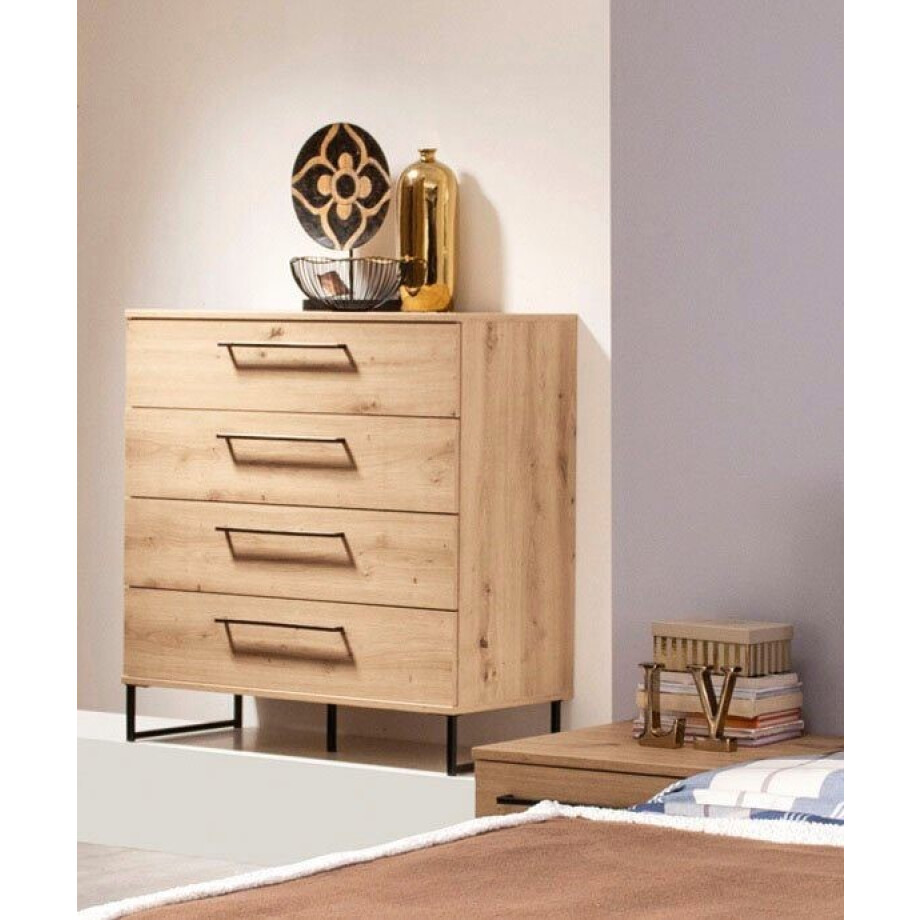 INOSIGN Ladekast Sardinië, 91x92,5x42cm, FSC gecertificeerd houtmateriaal met 4 lades, met trendy zwarte handgrepen en metalen voeten afbeelding 1