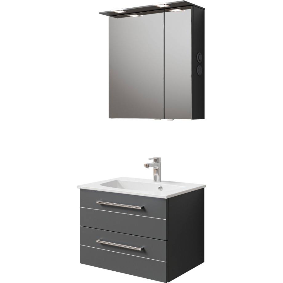 Saphir Badkamerserie Serie 6025 2-delig, mineraalmarmeren wastafel met led-spiegelkast Wastafelmeubel 67 cm breed, 2 laden, 2 spiegeldeuren, incl. deurdemper (2-delig) afbeelding 1