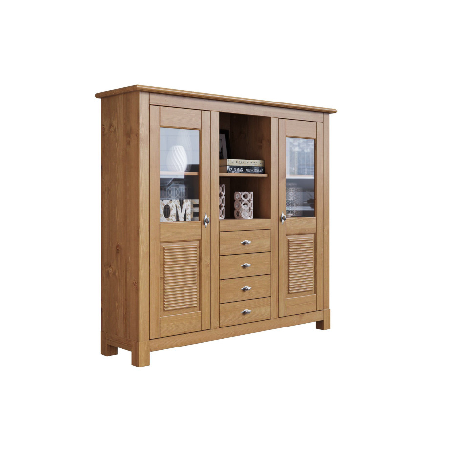 Home affaire Buffetkast Rauna Highboard, massief grenen, deuren met glazen inzetstukken, B/H 146/134 cm afbeelding 1